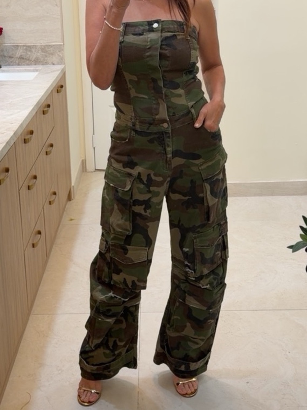 AKIRA Olive Camo Strapless Cargo Jumpsuit